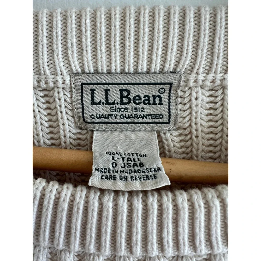LL Bean Mens L Tall Cream Chunky Ribbed Cotton Crewneck Sweater Preppy Cabincore